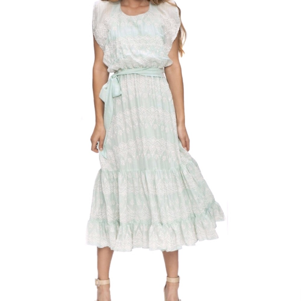 NWT Love Sam Tallulah embroidered maxi dress small cool aqua color 100% cotton